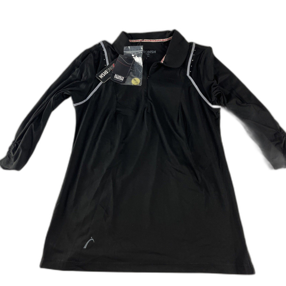 Swingdish Polo Shirt Womens Large Black 3/4 Sleeve‎ Quarter Zip Golf Top